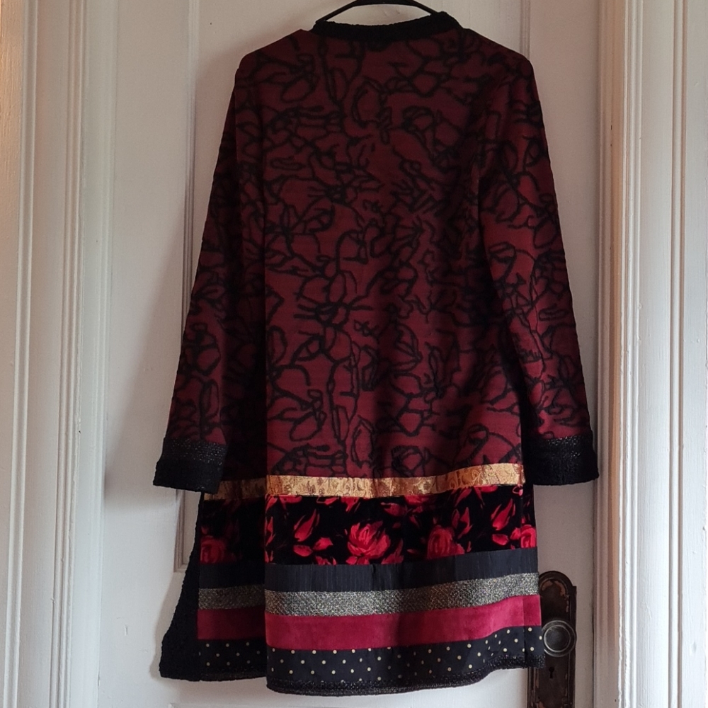 Chicos Red Taupe Patchwork Jacquard Duster Jacket… - image 2